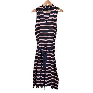 Lands End Navy Blue Orange Stripe A-Line Midi Dress Size Large Stretch Cotton